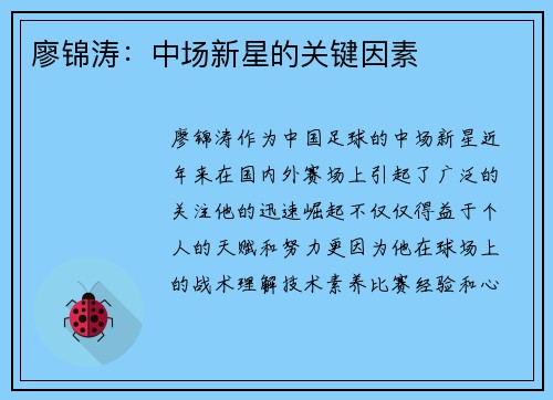 廖锦涛：中场新星的关键因素