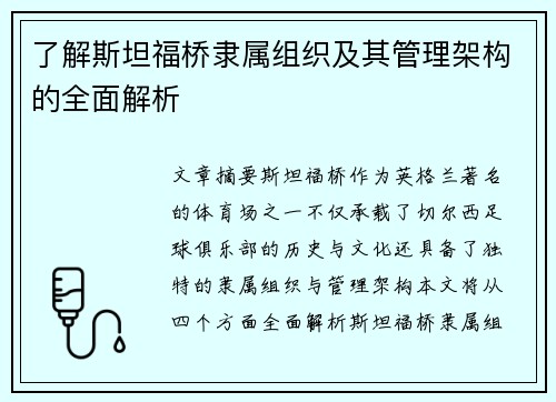 了解斯坦福桥隶属组织及其管理架构的全面解析
