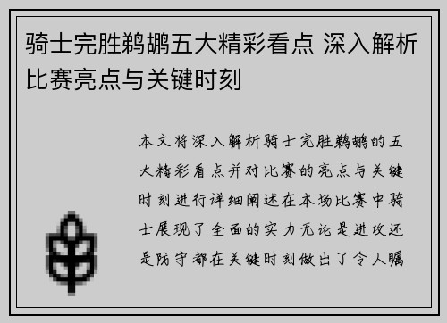 骑士完胜鹈鹕五大精彩看点 深入解析比赛亮点与关键时刻